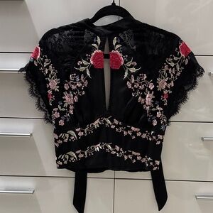 Free People Black Floral Embroidered Blouse